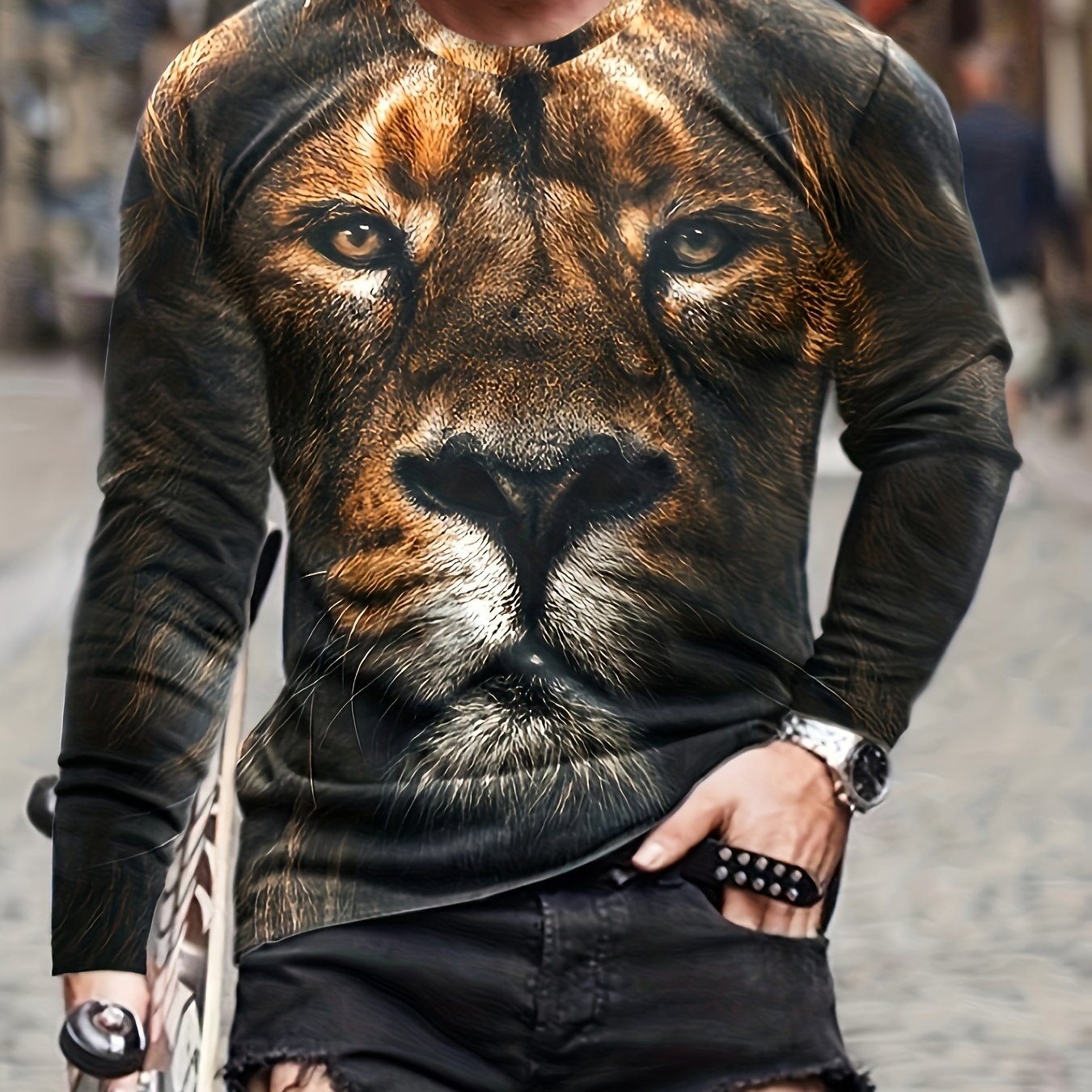 Men's 3D Lion Graphic Long Sleeve T shirt Stretch Breathable Pullover