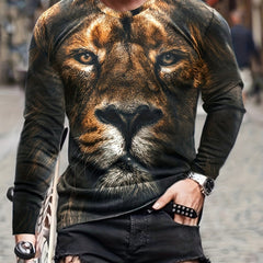 Men's 3D Lion Graphic Long Sleeve T shirt Stretch Breathable Pullover