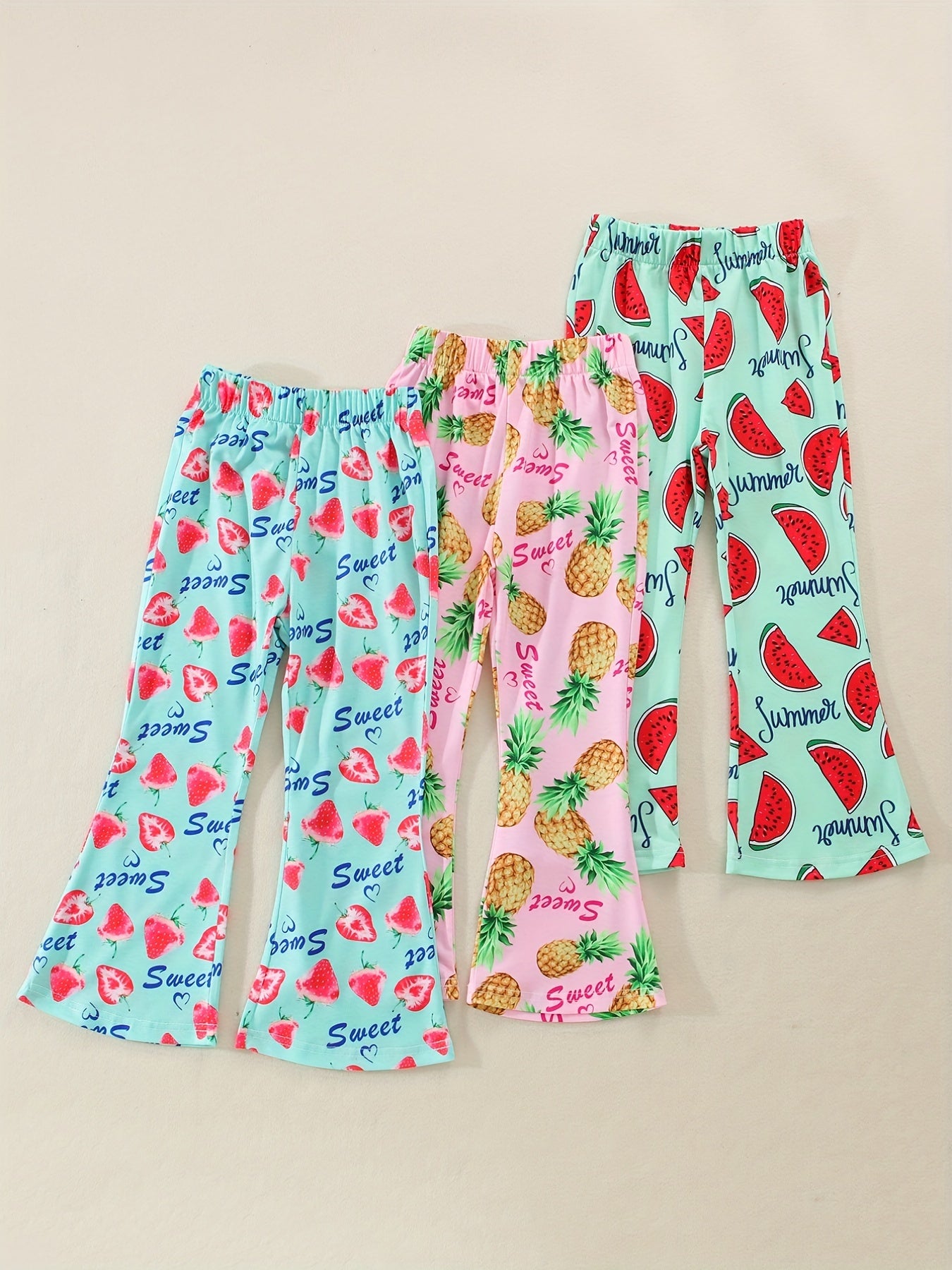 3pcs Girls Fruits Print Flared Pants Set for Kids