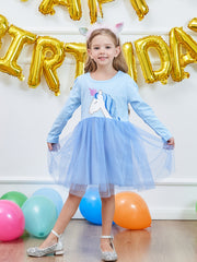 Girls' Mermaid Print Cotton Long Sleeve Tutu Dress Birthday Party Mesh Dress