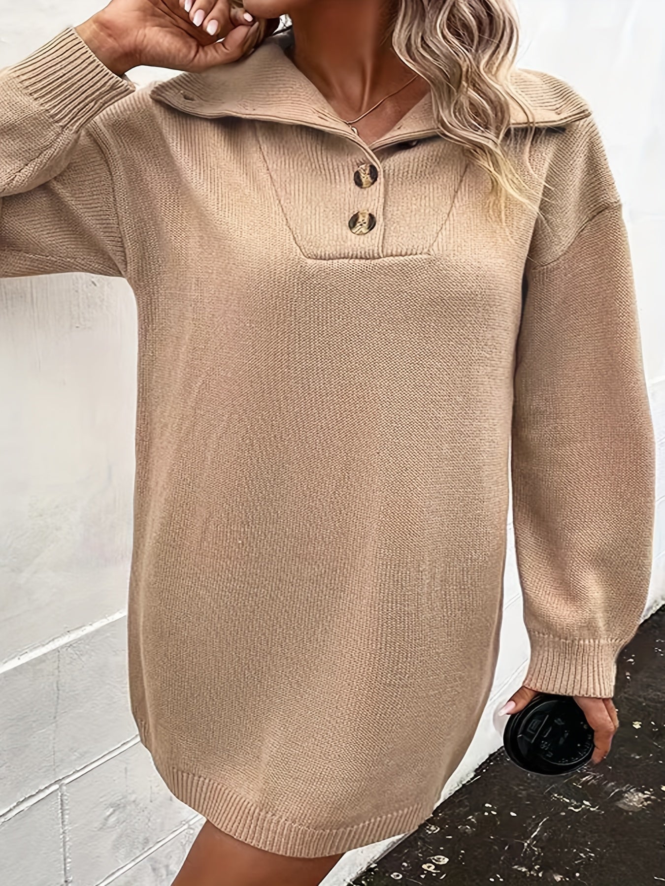 Plus Size Casual Sweater Dress Women's Plus Solid Half Button Turn Down Collar