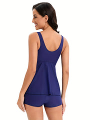 Solid V Neck Tankini Sets High Stretch Boxer Short Bottom Two Pieces Swimsuit