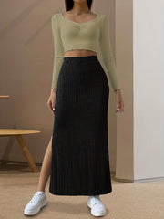 Ribbed Slit Skirt High Stretch Ankle Skirt Spring Summer