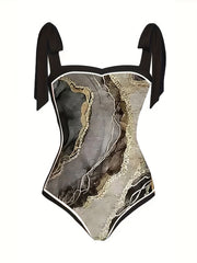 Marble Print Tankini Set One Piece Swimsuit & Skirt Two Piece Bathing