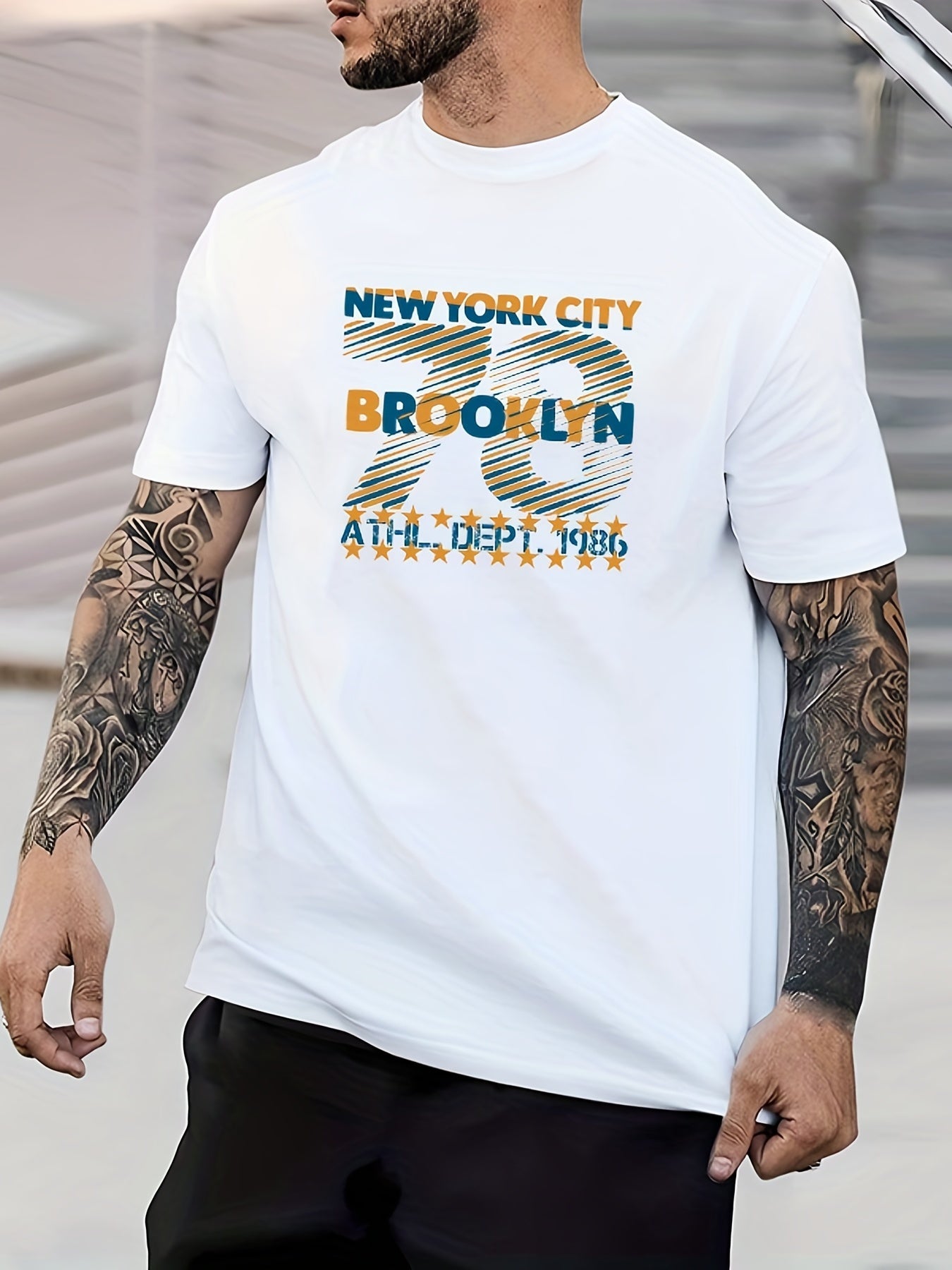 Geometric Pattern Basketball Print Men's Graphic Crew Neck T shirt