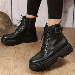 Women's Lace-Up Combat Boots Round Toe Side Zip Outdoor Short Boots