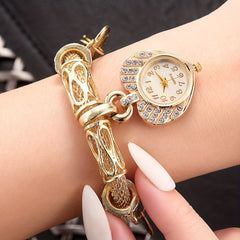 Golden Heart Bracelet Watch with Faux Diamond Studded Quartz Alloy