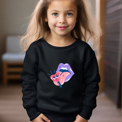 Cartoon Lips & Heart Print Girls Sweater, Long Sleeve Crew Neck Top