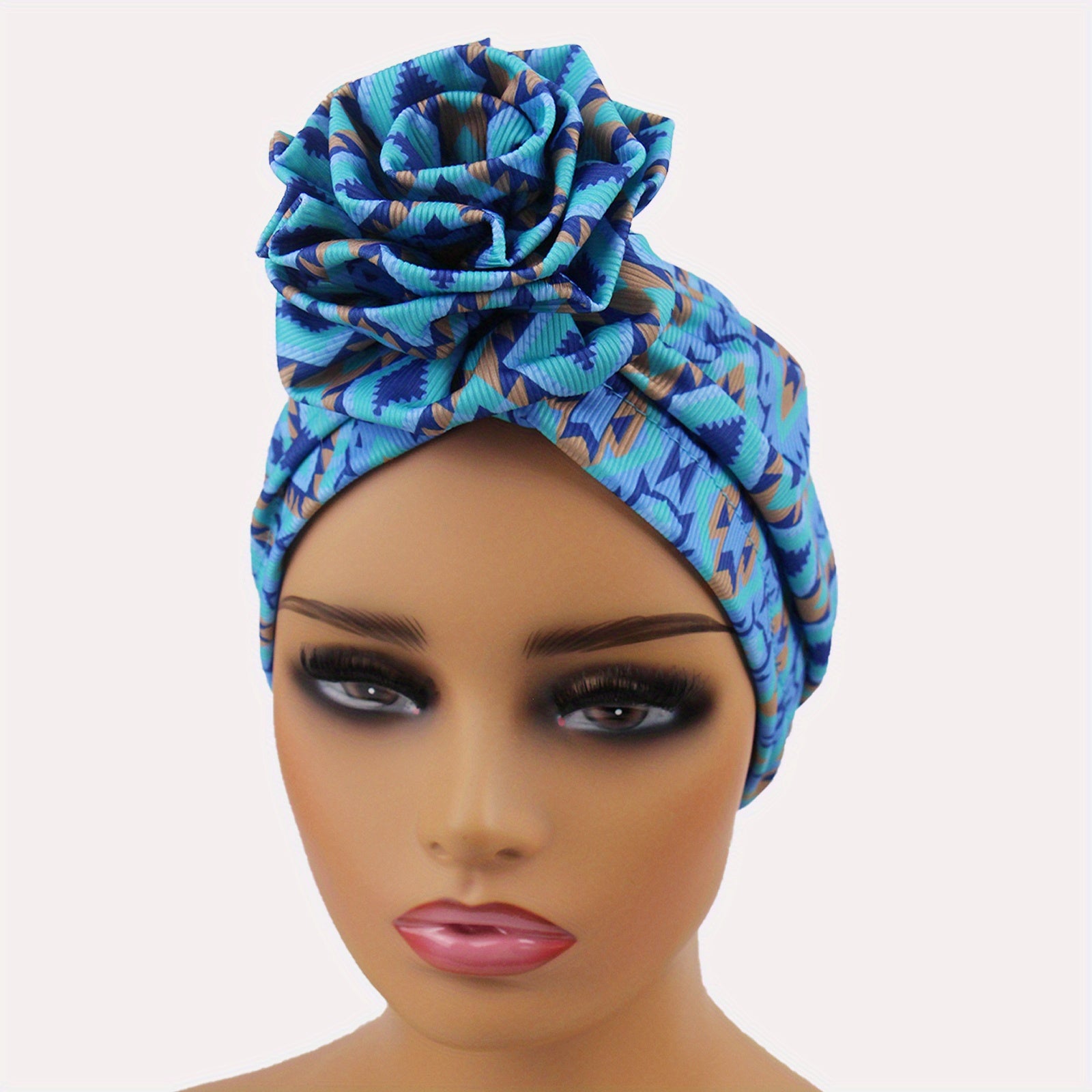 Boho Striped Flower Turban Cap Elastic Head Wrap Bandana