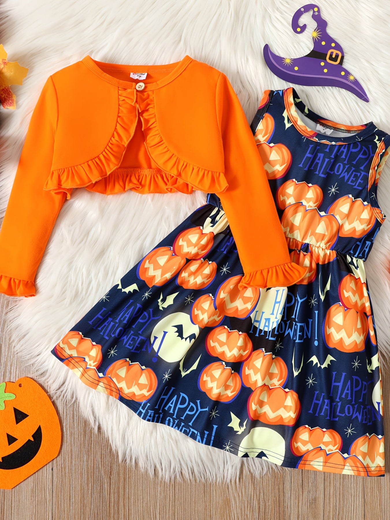 2pcs Toddler Girls Halloween Sets - Ruffle Trim Cardigan & Pumpkin Dress