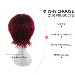 Men's 14 Inch Wine Red Anime Dress Up Wig Synthetic Fiber Wig