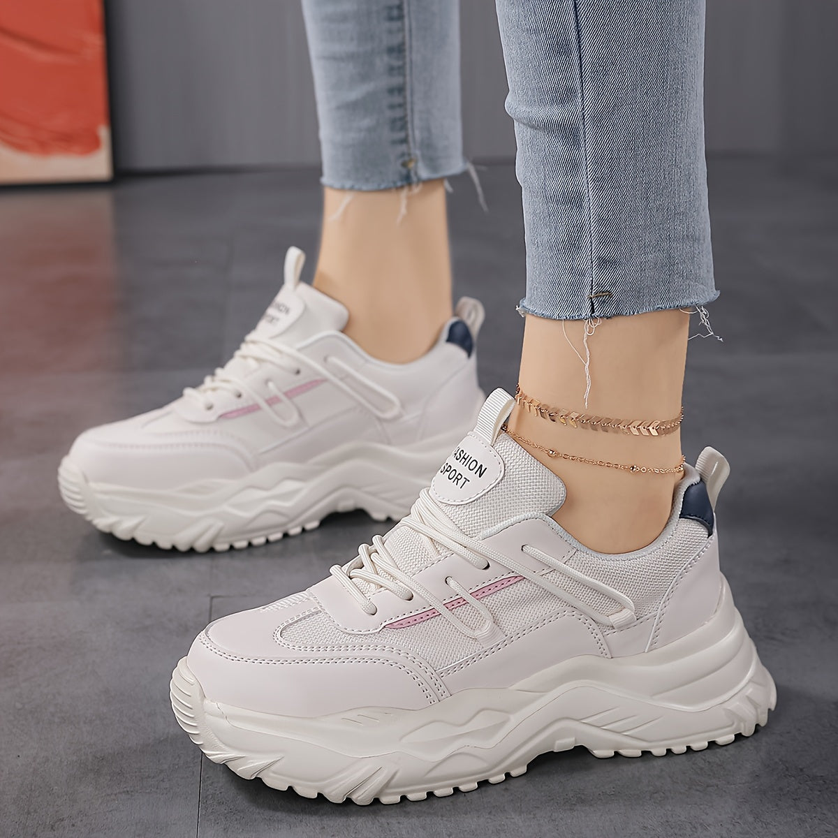 Women's Chunky Faux Leather Sneakers for Outdoor Sports