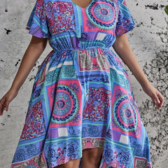 Colorblock Scarf Print V-Neck Stretch Dress