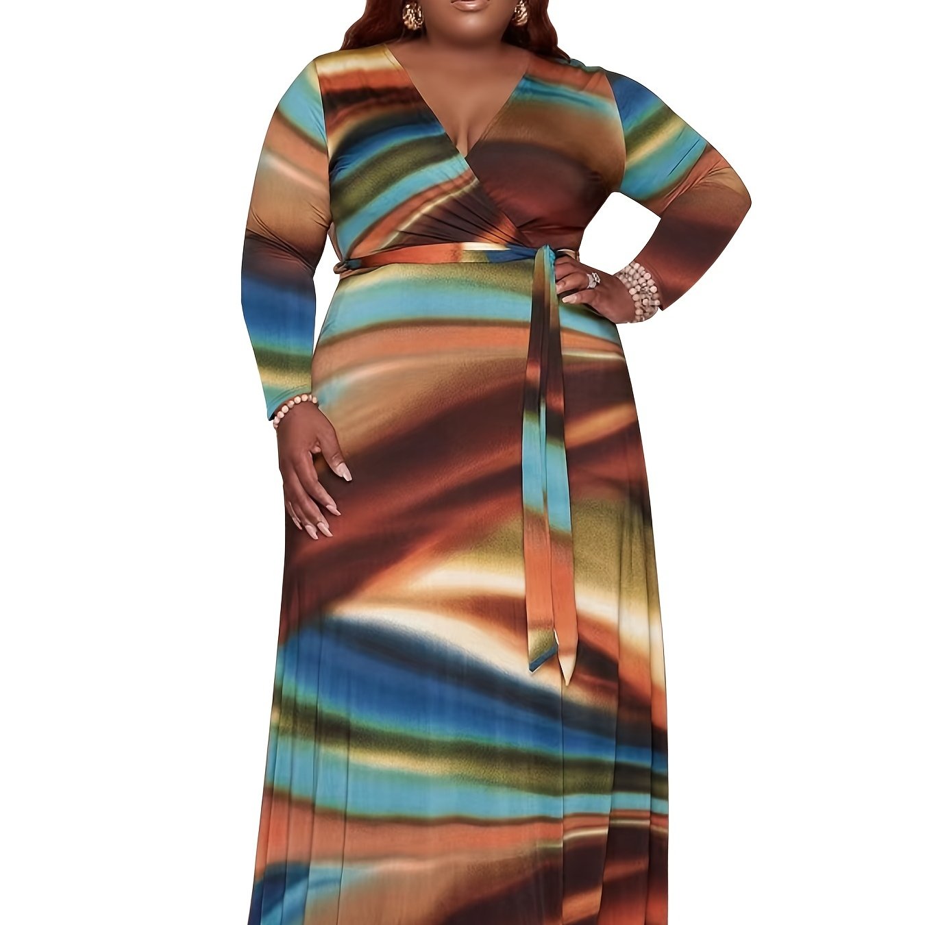 Tie Dye Maxi Dress With Belt Women's Plus Casual Long Sleeve Dress