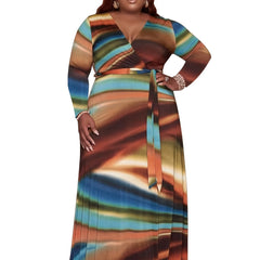 Tie Dye Maxi Dress With Belt Women's Plus Casual Long Sleeve Dress