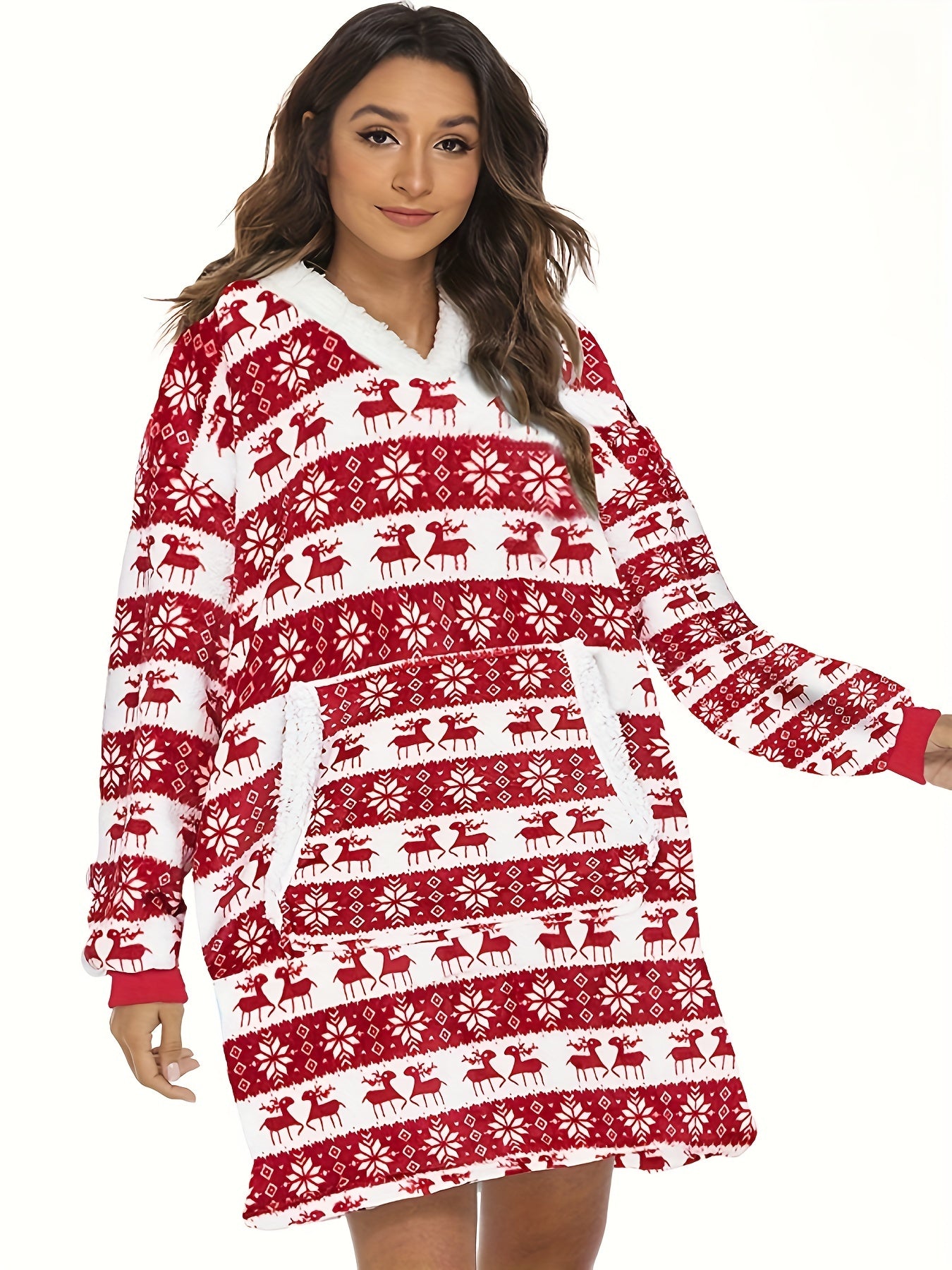 Elk Print Long Sleeve Hooded Top with Pockets Women's Loungewear