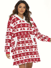 Elk Print Long Sleeve Hooded Top with Pockets Women's Loungewear