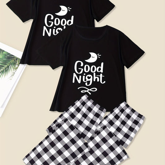 Women's Plus Moon & Plaid Print Pajama Set - Tee & Pants Loungewear - 4 Pack