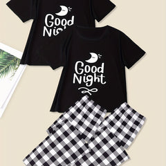 Women's Plus Moon & Plaid Print Pajama Set - Tee & Pants Loungewear - 4 Pack