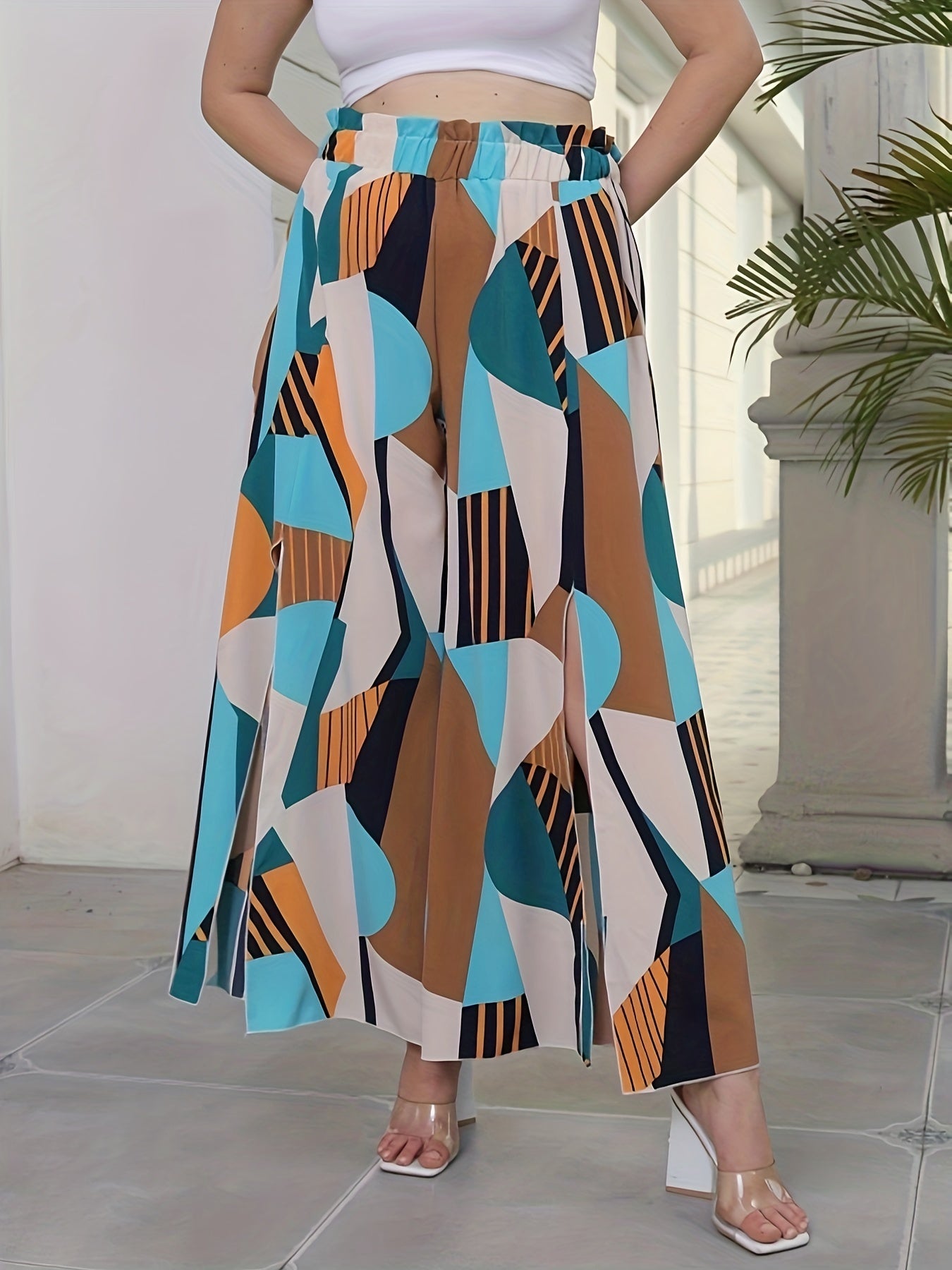 Women's Plus Wide Leg Geometric Print High Waist Loose Trousers