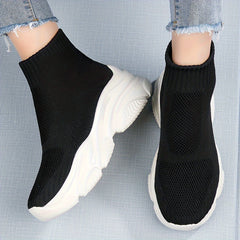 Women's High Top Knit Socks Sneakers Thick Botton Slip on Platform Shoes