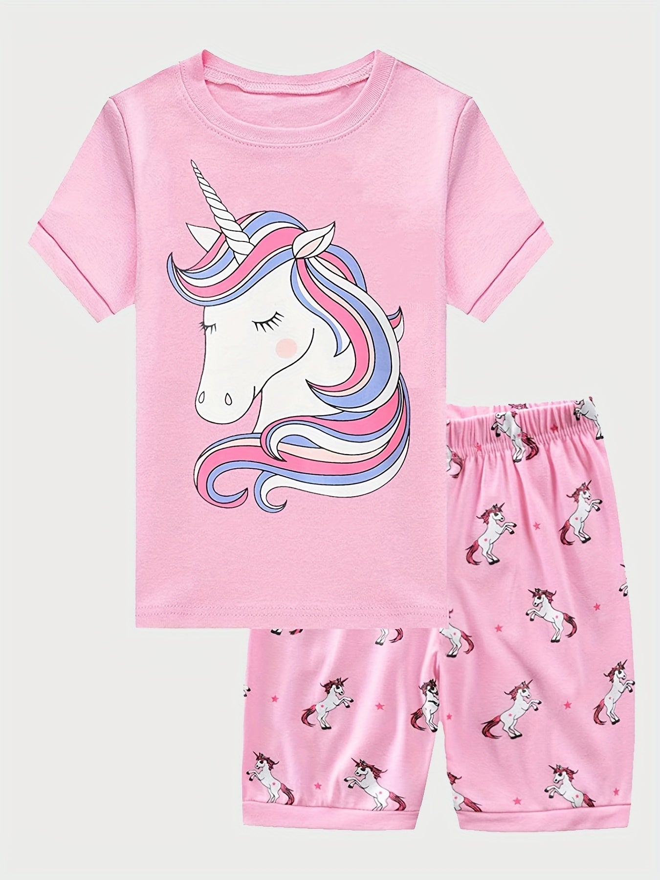 Toddler Girls Unicorn Pajama Set Crew Neck T Shirt Top & Shorts Sleepwear