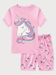 Toddler Girls Unicorn Pajama Set Crew Neck T Shirt Top & Shorts Sleepwear