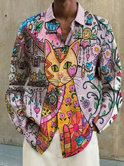 Men's Cat Print Casual Button-Up Shirt