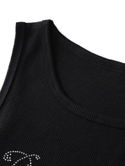 Rhinestone Letter Crop Tank Top Basic Stretch Summer Gym Yoga Tank Top