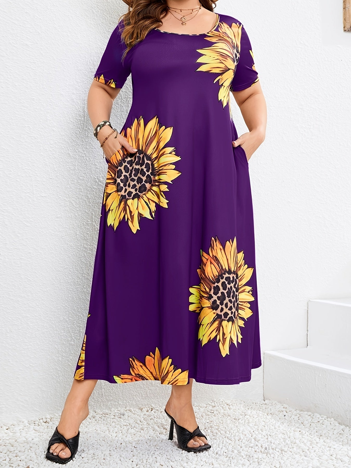 Sunflower Print Maxi Dress with Pockets