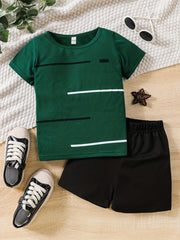 Boys Stripes Print Casual Outfit T shirt & Shorts Kids Summer Clothes Sets