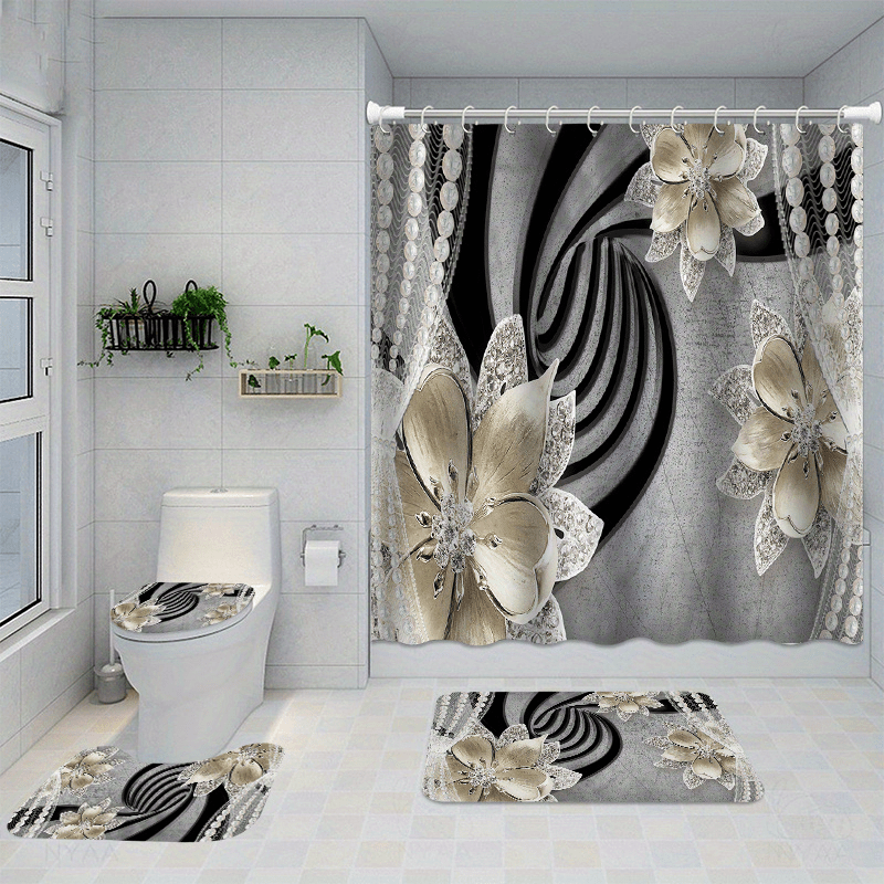Christmas Waterproof Shower Curtain Set with Non Slip Mat and Toilet Seat Cover