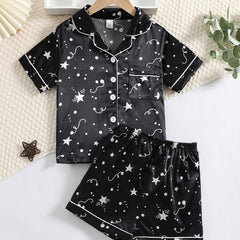 Girls Star Print Satin Pajama Set