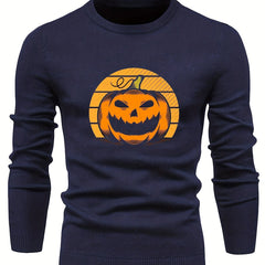 Cartoon Pumpkin Jack O Lantern Slim Warm Sweater Men's Casual Retro Style