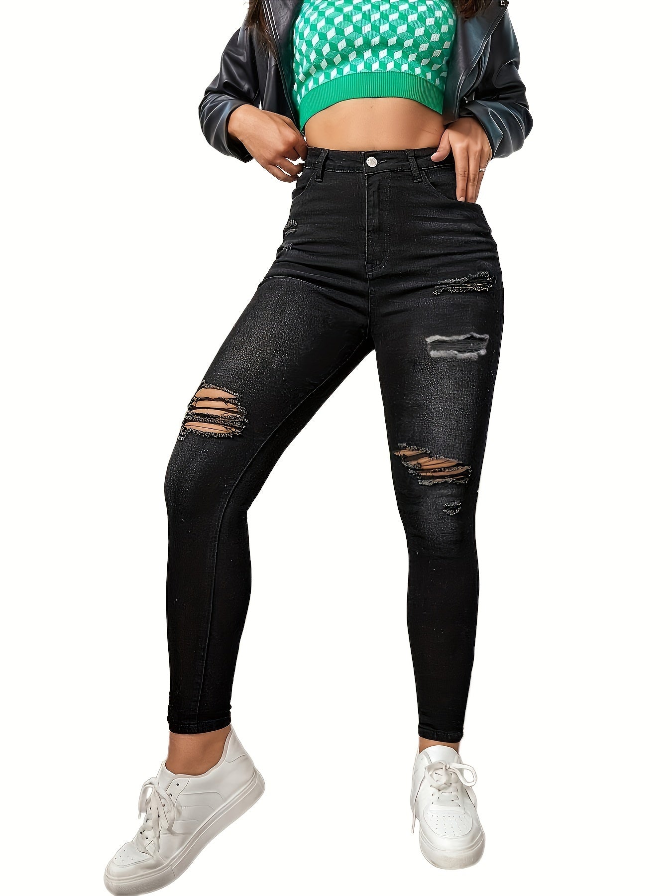 Ripped Skinny Jeans Slash Pockets Distressed High Waist Slim Fit