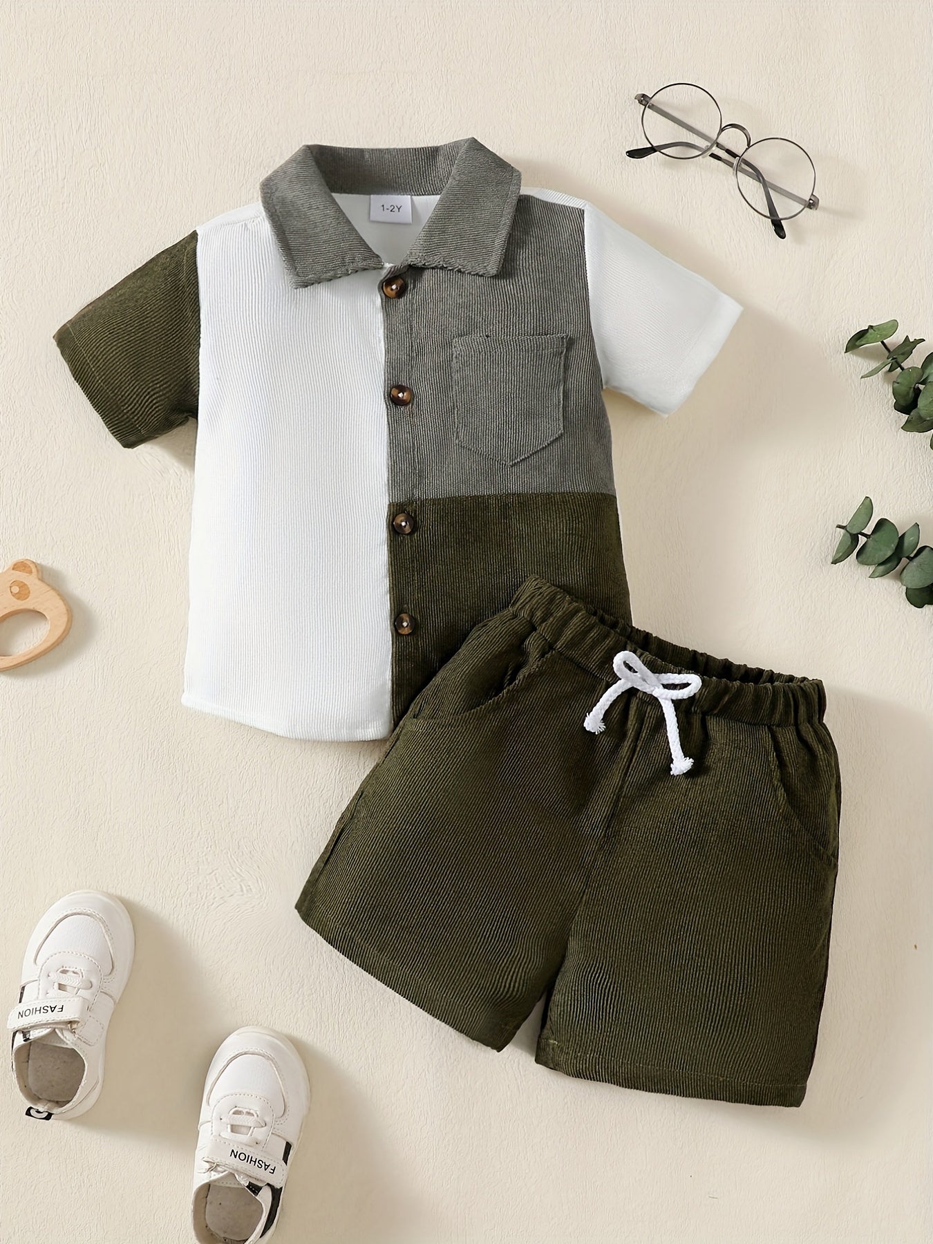 Boys Block Outfit Shorts & Shirt Short Sleeves Button Drawstring Waist