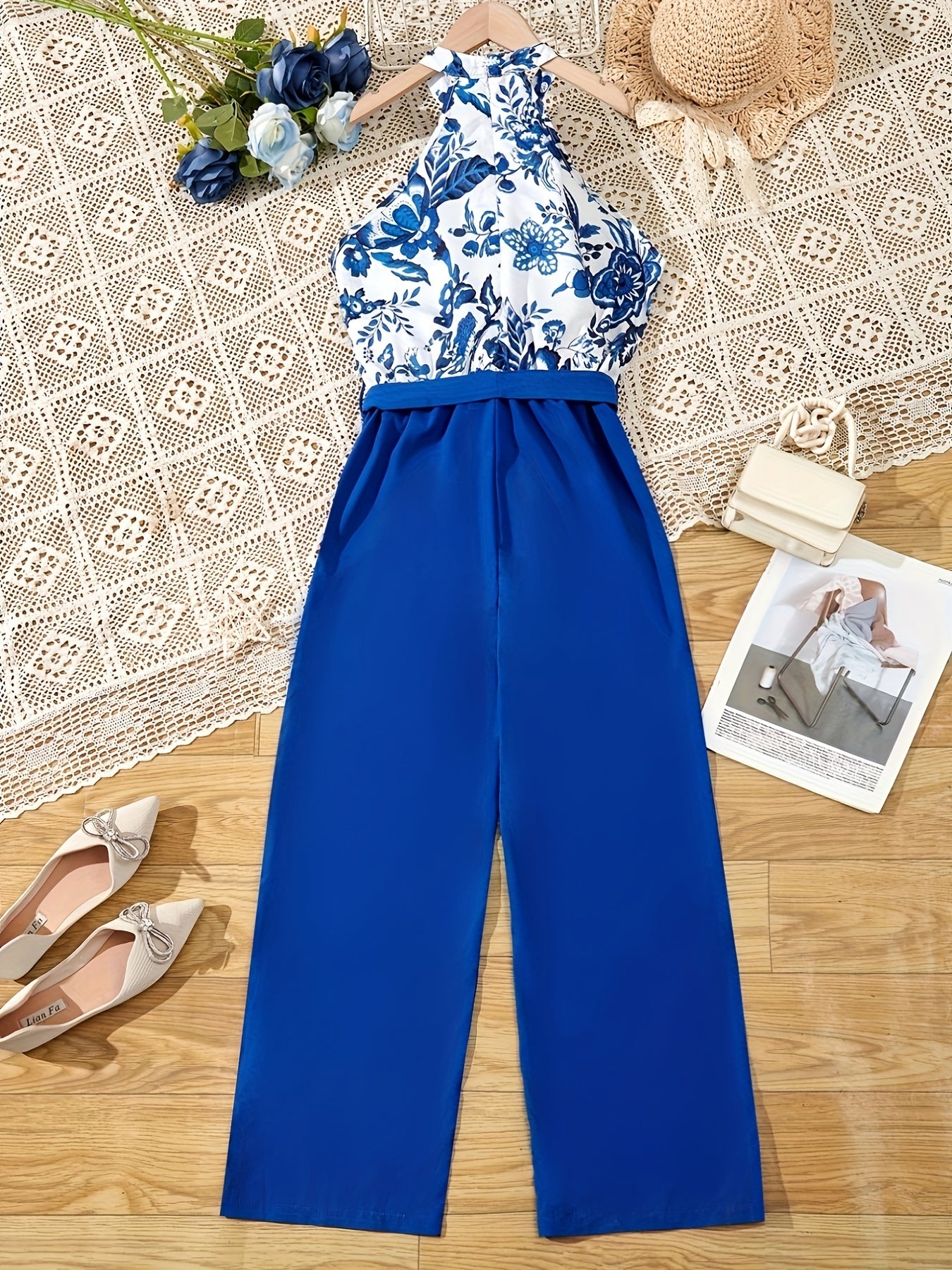 Girls' Floral Halter Neck Jumpsuit for Summer Outfit