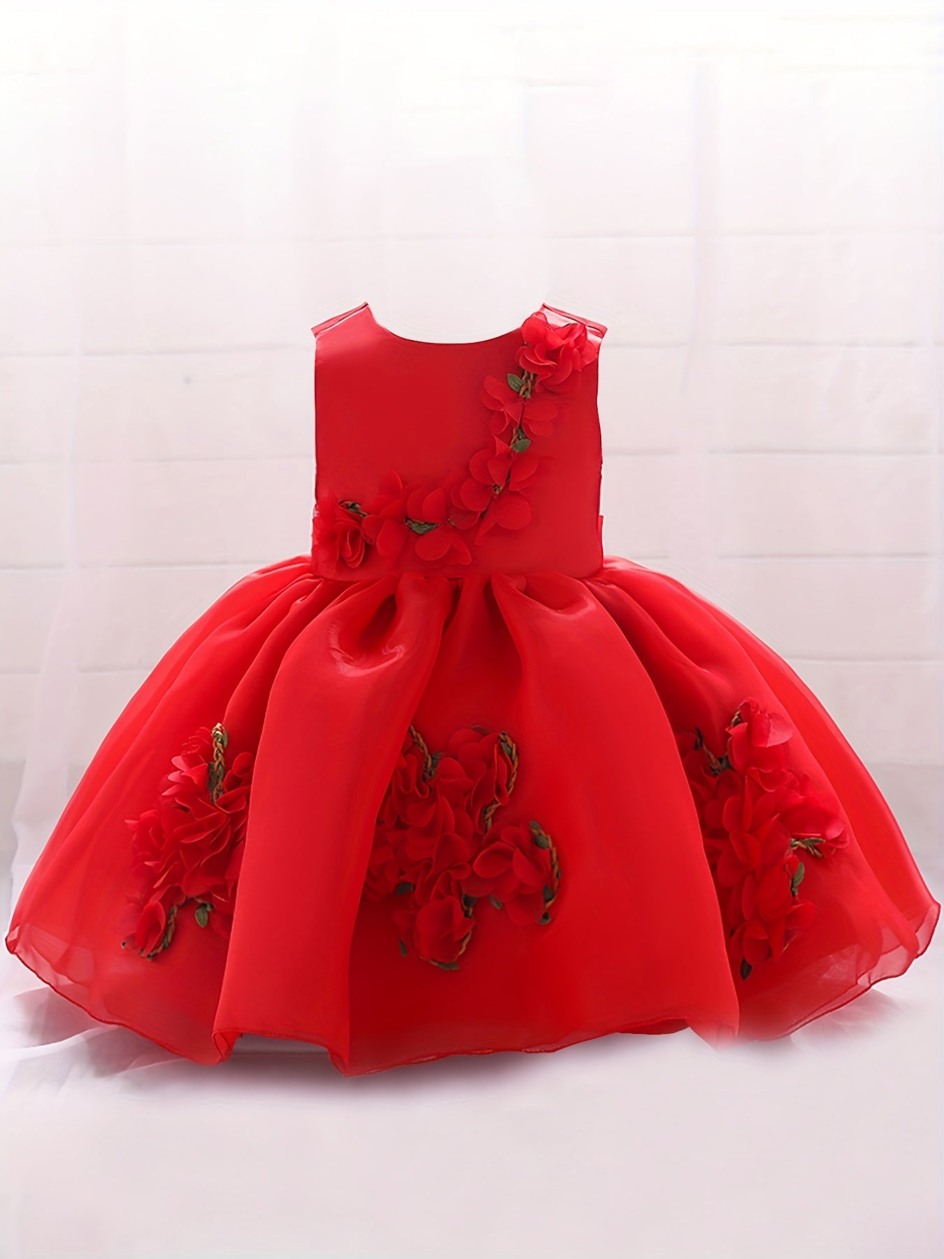 Baby Girl 1st Birthday Puffy Dress with Flower Decors