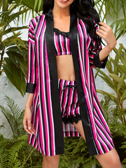 Colorblock Striped Night Robe Sexy Deep V Robe With Belt Women's