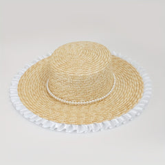 Flat Top Lace Fedora French Style Faux Pearl Decor Sun Hat