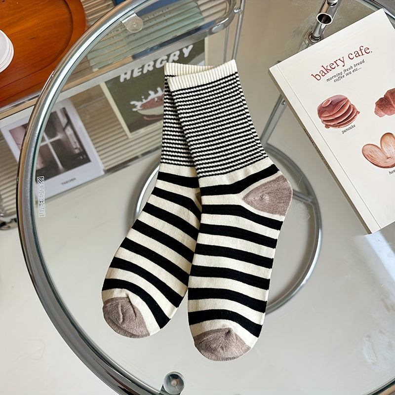 5 Pairs Women's Striped Print Mid Tube Socks