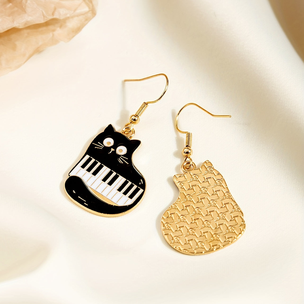 Cat Piano Enamel Dangle Earrings Silver Plated Jewelry Gift