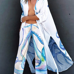 Octopus Print Thigh Split 2 Piece Beachwear Semi Sheer Kimono Cover Up & Pants