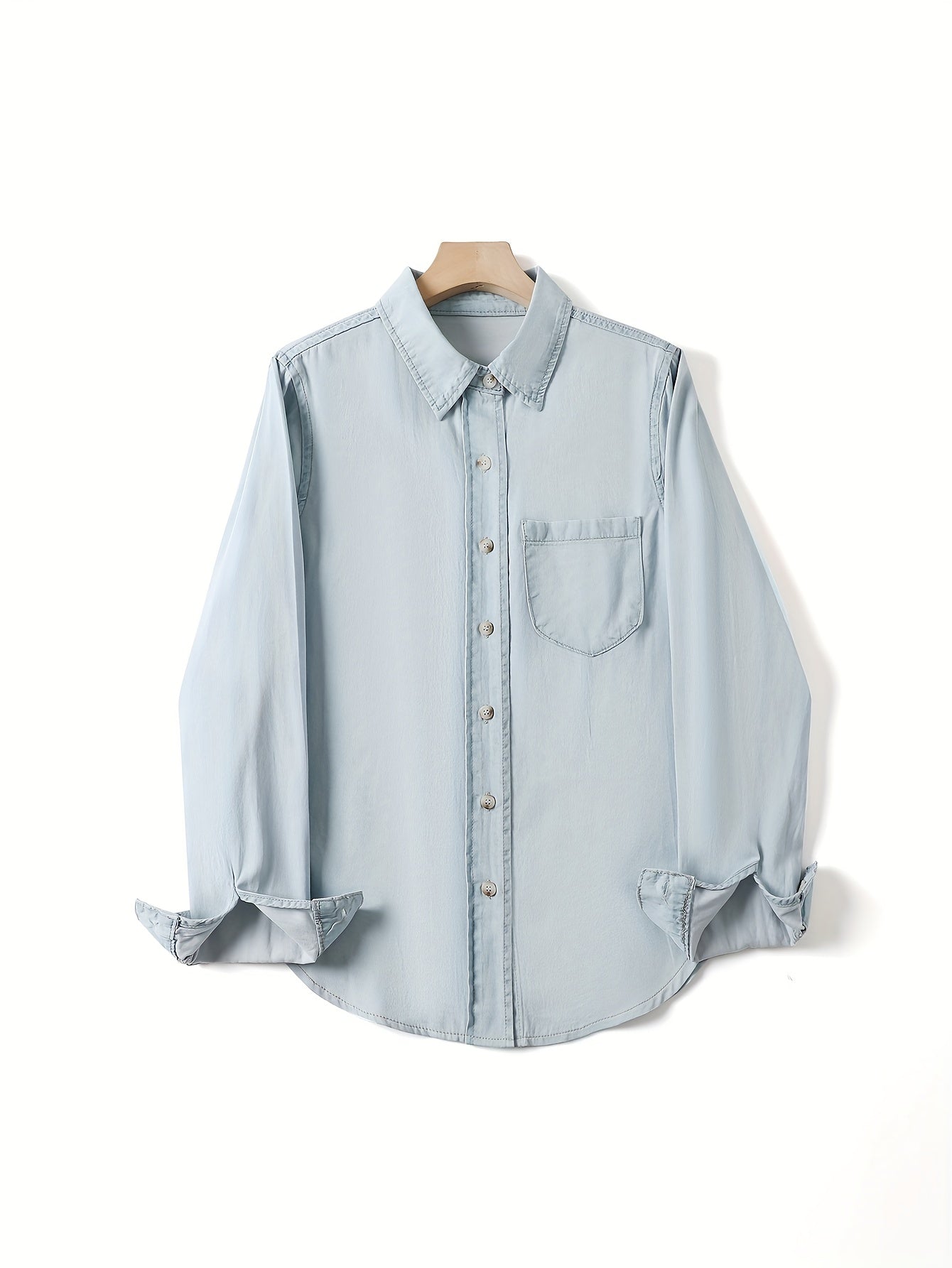 Casual Loose Fit Collared Denim Shirt Single Pocket Long Sleeved Denim Shirt