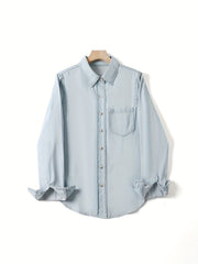 Casual Loose Fit Collared Denim Shirt Single Pocket Long Sleeved Denim Shirt