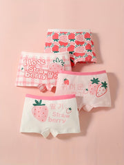 4pcs Girls Boxer Briefs Plaid Strawberry Print Underwear Kids Clothes