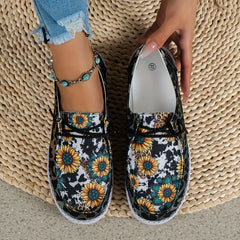 Leopard Print & Sunflower Patchwork Boat Shoes Lace Up Flat Casual Sneakers