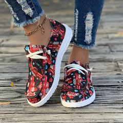 Heart & Trucker Print Canvas Shoes Lace up Flats For Women