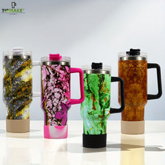 40oz Stainless Steel Marble Insulated Tumbler w/ Handle & Straw Cap