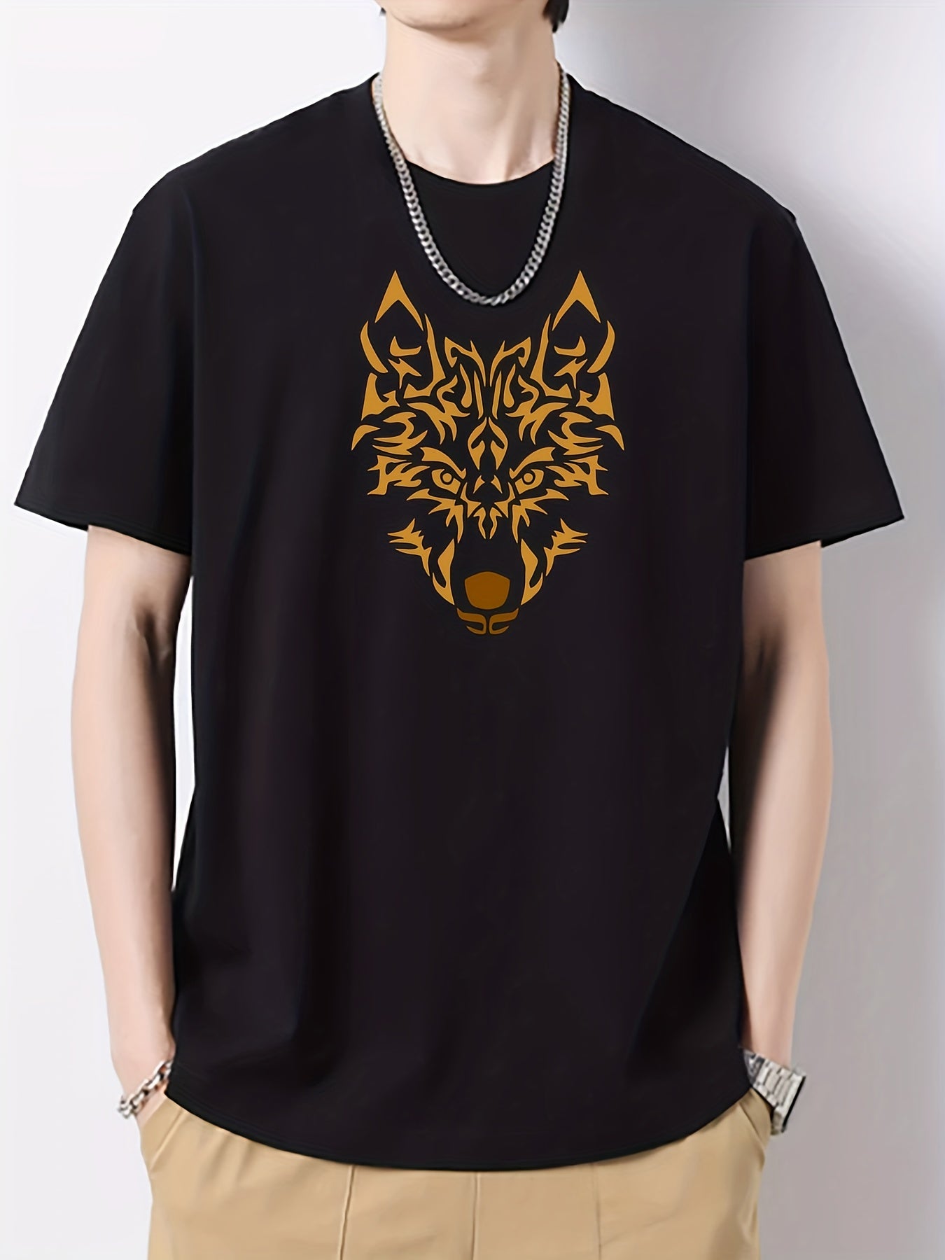 Wolf Print Men's Cotton Graphic Crew Neck Active T shirt